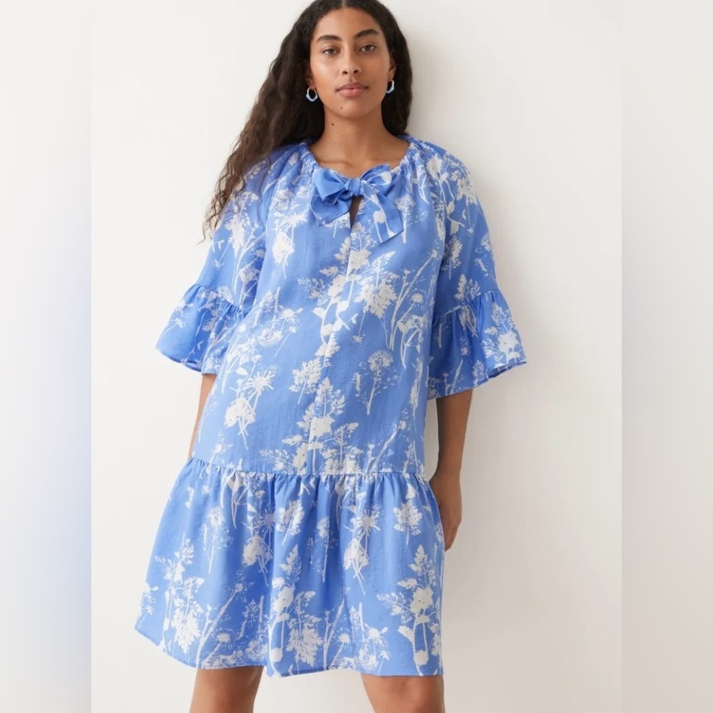 & other Stories Womens Floral Ruffled Dress Sz Small Blue White Tie Neck
